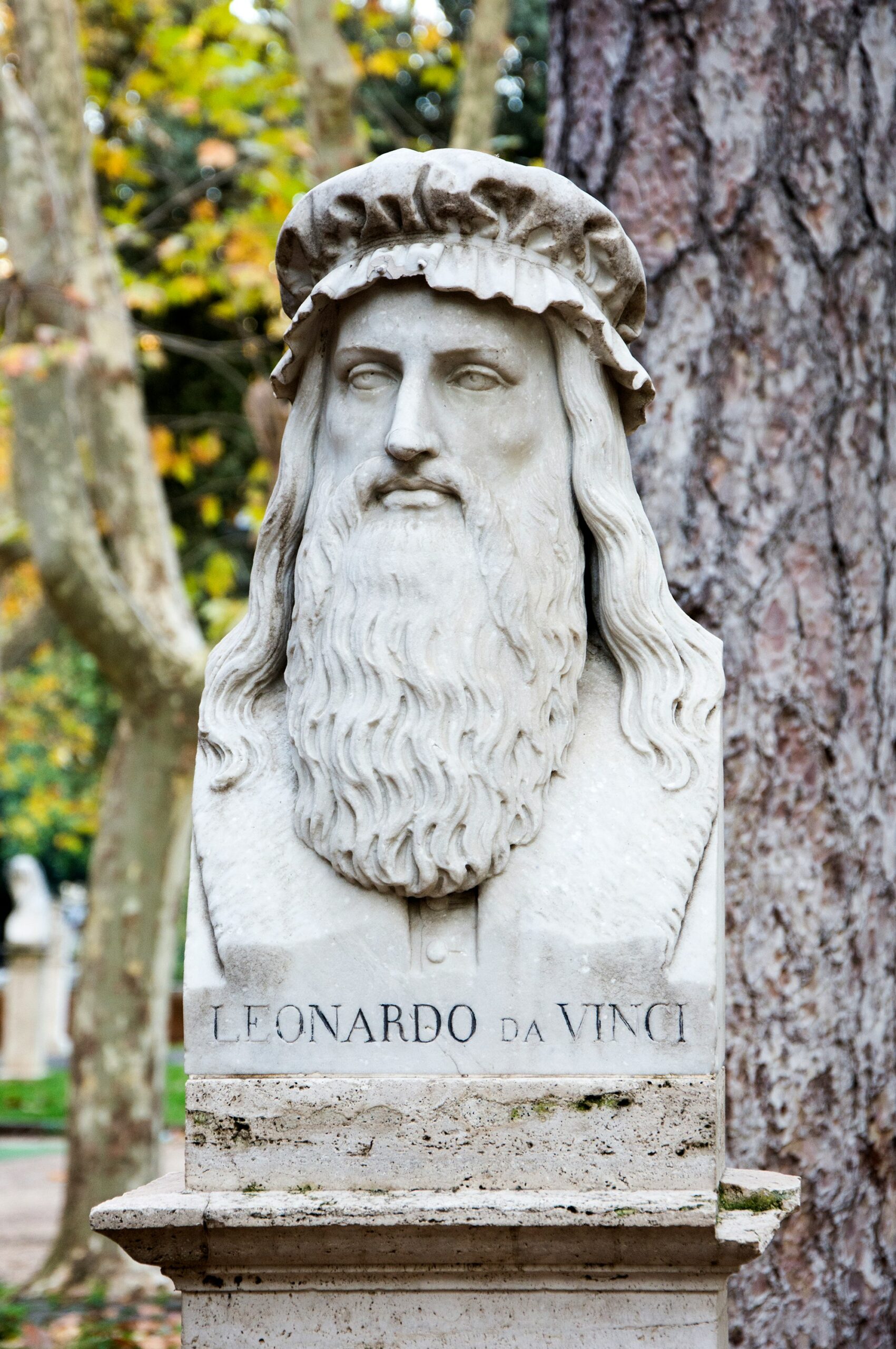 A statue bust of Leonardo da Vinci